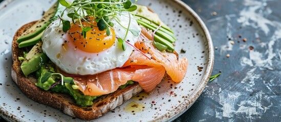 Aufkleber - Toast with salmon poached egg and avocado on a white plate Poached egg with salmon and guacamole on rye bread. Creative Banner. Copyspace image