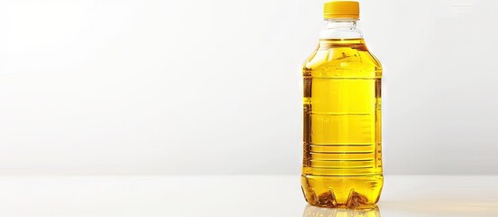 Poster - Plastic bottle of yellow refined vegetable cooking oil or organic fat isolated on white background with reflection effect. Creative Banner. Copyspace image