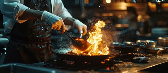 Poster - Professional chef wearing gloves and apron cooking stir fry flambe holding a pan with open fire in a dark restaurant kitchen. Creative Banner. Copyspace image
