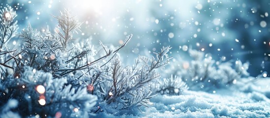 Wall Mural - SNOW AND SNOW FLAKES BACKGROUND LIGHT BLUE CHRISTMAS LANDSCAPE COLD WINTRY BACKDROP FOR DISPLAY OR MONTAGE. Creative Banner. Copyspace image