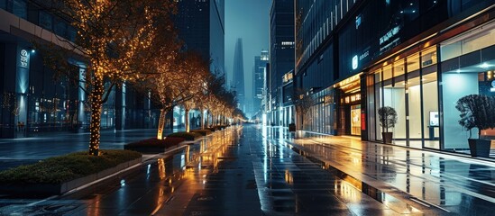 Aufkleber - modern office buildings in hangzhou west lake square at night on view from empty street. Creative Banner. Copyspace image