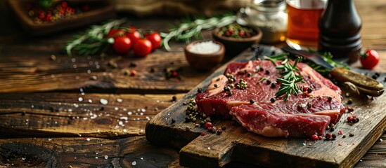 Poster - Perfect beef tartare steak with onion capers pickled cucumbers and mushrooms on wooden table. Creative Banner. Copyspace image