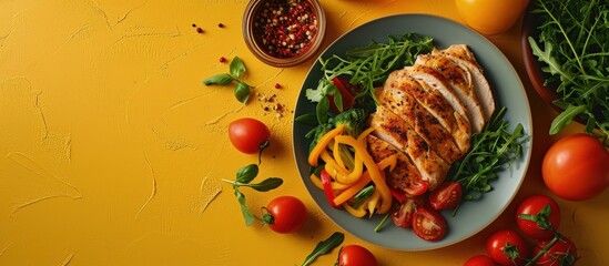 Poster - Roasted whole chicken on a plate with vegetables. Creative Banner. Copyspace image