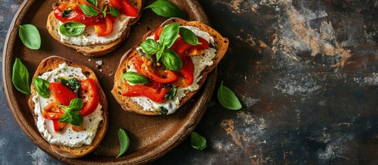 Poster - Open sandwiches with cream cheese baked sweet pepper and fresh basil on a brown plate Italian Cuisine Red pepper snacks Top view copy space. Creative Banner. Copyspace image