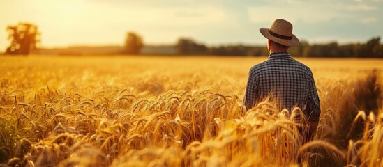 Poster - Silhouette of Man agronomist farmer in golden wheat field Male holds ears of wheat in hand. Creative Banner. Copyspace image