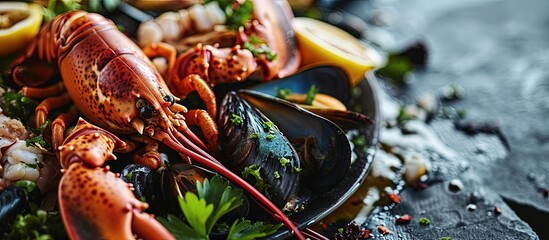 Poster - Seafood platter for 2 4 persons Lobster octopus blue mussels Argentina king prawns tuna tartare Delicious healthy traditional food closeup served for lunch in modern gourmet cuisine restaurant