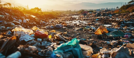 Poster - View of the landfill Landfill A pile of plastic garbage food waste and other garbage Pollution of nature A sea of garbage begins to invade and destroy beautiful landscapes. Creative Banner