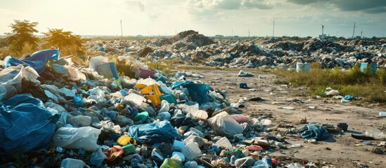 Poster - View of the landfill Landfill A pile of plastic garbage food waste and other garbage Pollution of nature A sea of garbage begins to invade and destroy beautiful landscapes. Creative Banner
