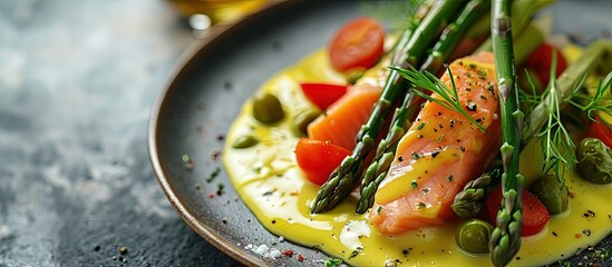 Aufkleber - Salmon fillet with asparagus and yellow sauce closeup. Creative Banner. Copyspace image