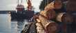 © HN Works - Timber export or import loading on cargo ship in Wicklow commercial port or harbour in Ireland Transport industry Close up on wood logs gripple. Creative Banner. Copyspace image