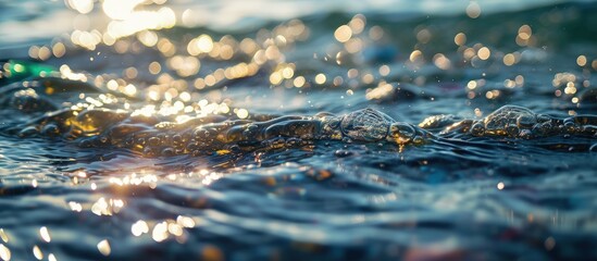 Poster - microplastic particles float in the ocean water pollution. Creative Banner. Copyspace image
