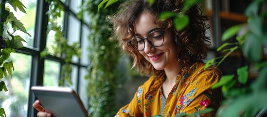 Wall Mural - so serious pretty woman keeping smile on her face while reading article in tablet. creative banner. 