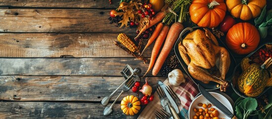 Poster - Thanksgiving day dinner table top view Autumn vegetables on plate with cutlery. Creative Banner. Copyspace image