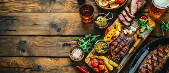 Aufkleber - Wooden table served with various grilled meat vegetables and glasses of beer Striploin steak ribeye steak and lamb ribs on wooden cutting boards Top view. Creative Banner. Copyspace image