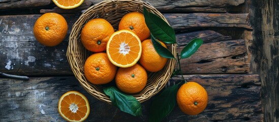 Poster - Top view of fresh orange fruit in the basket and orange leaf on the wooden background. Creative Banner. Copyspace image