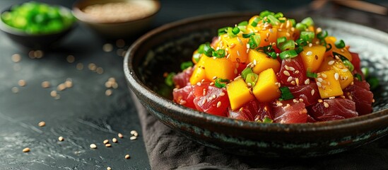 Poster - Tuna mango avocado salad tartare served with green onions and sesame seeds. Creative Banner. Copyspace image