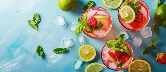Aufkleber - Summer refreshing drink and ingredients copy space top view. Creative Banner. Copyspace image