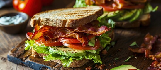Poster - Spectacular bread with avocado tomato lettuce and bacon BLTA. Creative Banner. Copyspace image