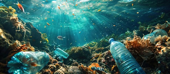 Aufkleber - Plastic remains in water polluted ocean underwater marine ecologic concept. Creative Banner. Copyspace image