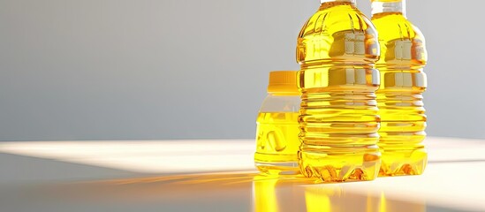Poster - Plastic bottle of yellow refined vegetable cooking oil or organic fat isolated on white background with reflection effect. Creative Banner. Copyspace image