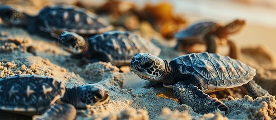 Sea turtle baby embryo in egg Nest at beach studied by scientist Hatching of endangered specie rescued Hatchling newborn in nature vulnerable wildlife conservation and protection Close up