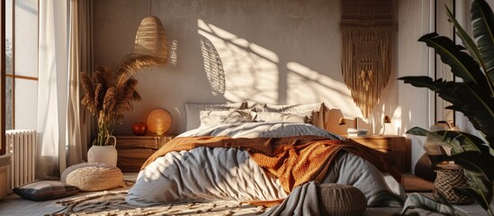 Aufkleber - Stylish and cozy bedroom design Modern comfortable luxury master bedroom Interior design bohemian design decoration beautiful. Creative Banner. Copyspace image