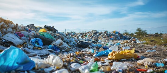 Poster - View of the landfill Landfill A pile of plastic garbage food waste and other garbage Pollution of nature A sea of garbage begins to invade and destroy beautiful landscapes. Creative Banner