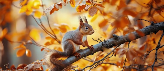 Poster - red squirrel on a branch in autumn Sciurus park Tamiasciurus. Creative Banner. Copyspace image