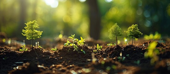 Poster - Planting trees with to grow in the soil on greenery background Network and connection concept. Creative Banner. Copyspace image