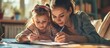 Models family mom and daughter draw together common activity Place for text. Creative Banner. Copyspace image