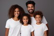 happy young african american family in white t-shirts holding hands mockup isolated on white