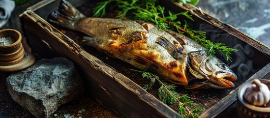 Poster - Smoked fish in smokehouse box Hot smoked river bass fish cooked with your own hands in a mini smokehouse. Creative Banner. Copyspace image