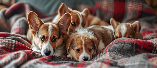 Poster - Red mommy dog welsh corgi pembroke with her puppies lies on a knitted plaid Sad tired look. Creative Banner. Copyspace image