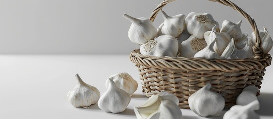 Aufkleber - organic garlic bulbs in a basket isolated on white background. Creative Banner. Copyspace image