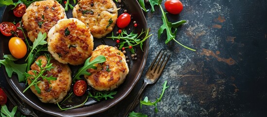 Aufkleber - Organic Homemade Crab Cakes with Lemon and Tartar Sauce. Creative Banner. Copyspace image