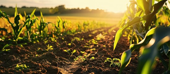 Aufkleber - rows of young corn plants on a fertile field with dark soil green corn field in the sunset green cor