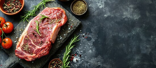 Aufkleber - Ribeye fresh raw beef steak with spices on stone board Top view flat lay with copy space. Creative Banner. Copyspace image