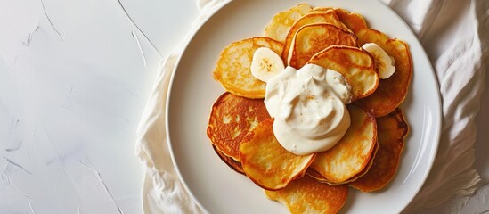 Aufkleber - Potato pancakes with sour cream on white. Creative Banner. Copyspace image