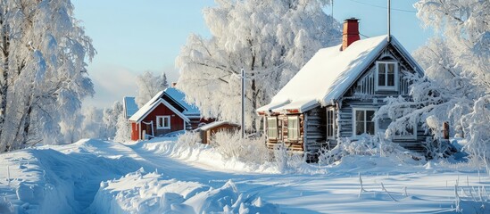 Poster - Winter landscape scenery in Lapland Scandinavia with snow and traditional houses. Creative Banner. Copyspace image