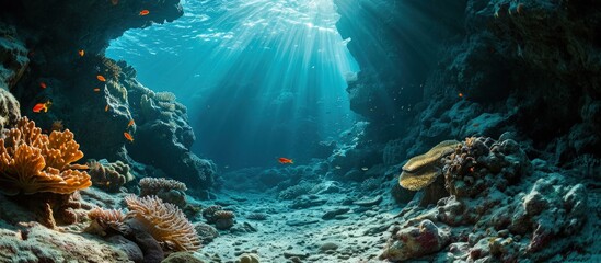 Poster - Red starfish sea grass and fish underwater photography from scuba diving Marine life travel picture Wildlife in the ocean Photo from underwater adventure. Creative Banner. Copyspace image