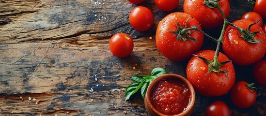 Poster - tomatoes paste with ripe tomatoes on wooden tables top view. Creative Banner. Copyspace image