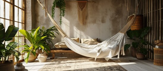 Poster - Room interior with hammock and stylish decorations. Creative Banner. Copyspace image