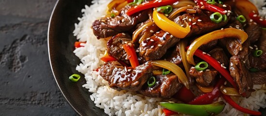 Aufkleber - Stir fry Chinese pepper beef steak with onion red and green bell pepper rice in bowl. Creative Banner. Copyspace image