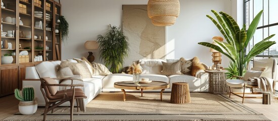 Aufkleber - Modern ethnic living room interior with design chaise lounge round mirror furniture carpet decoration stool and elegant personal accessories Template Stylish home decor. Creative Banner