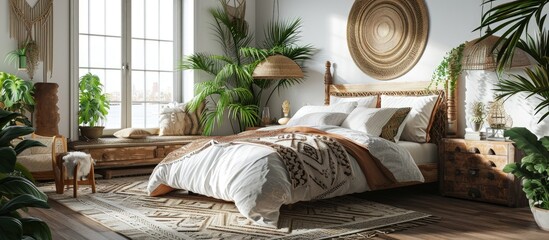 Poster - Stylish and cozy bedroom design Modern comfortable luxury master bedroom Interior design bohemian design decoration beautiful. Creative Banner. Copyspace image