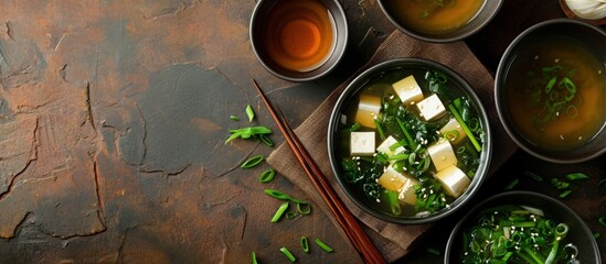 Poster - Miso traditional Japanese soup with tofu and spring onion With green tea in pot and bowls Top view. Creative Banner. Copyspace image