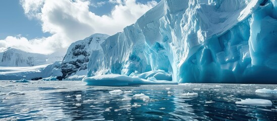 Poster - view to Drake passage from the edge of a melting glacier on King George Island in Antarctica. Creative Banner. Copyspace image