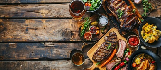 Poster - Wooden table served with various grilled meat vegetables and glasses of beer Striploin steak ribeye steak and lamb ribs on wooden cutting boards Top view. Creative Banner. Copyspace image