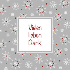 Poster - Vielen lieben Dank - Schriftzug in deutscher Sprache. Quadratische Dankeskarte mit einem Rahmen aus Schneekristallen und Herzen.