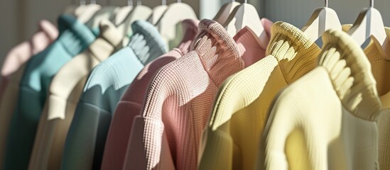 Poster - Pastel knit warm sweaters on white hangers. Creative Banner. Copyspace image